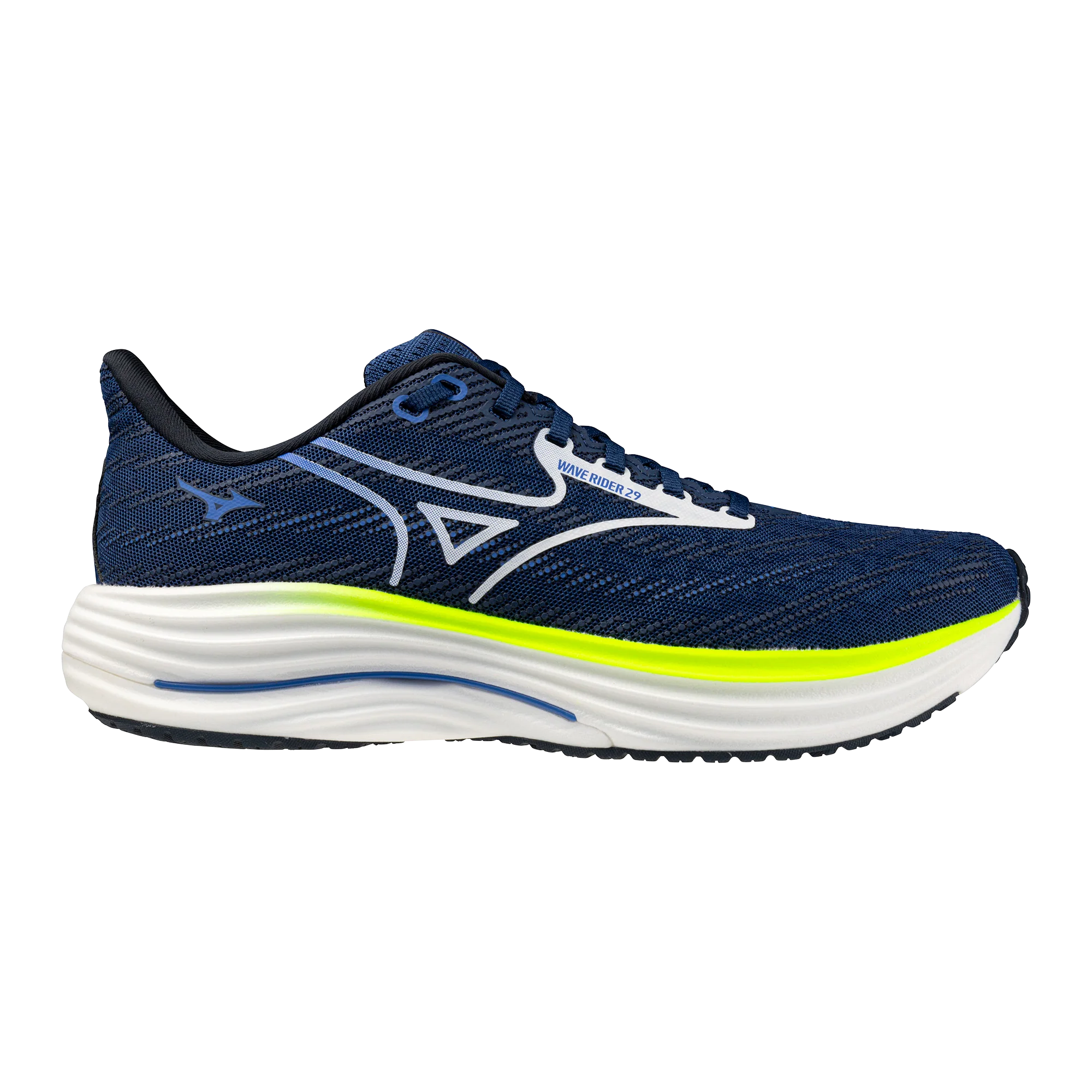 Mizuno Wave Rider 29 | Estate Blue / White / Lightning Yellow | Mens - Ekiden Sports